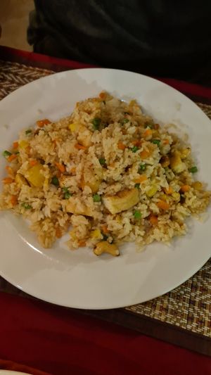 Pineapple fried rice (no egg, + Tofu) at Lemongrass Bistro in Kampot