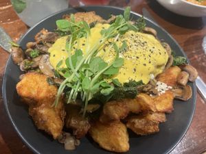 Mushroom hash with egg benny   at Revelstoke Kitchen & Cafe in Toronto