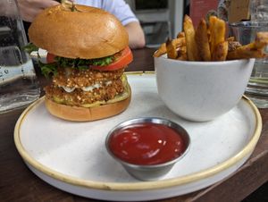Bbq burger + fries at Fresh on Crawford in Toronto