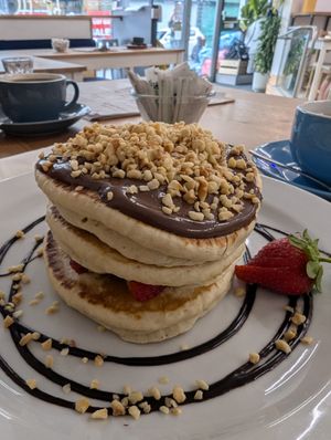 Chocolate and strawberry pancake stack at Clwb Coffi in Tonypandy