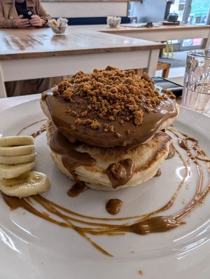 Biscoff and banana pancake stack at Clwb Coffi in Tonypandy