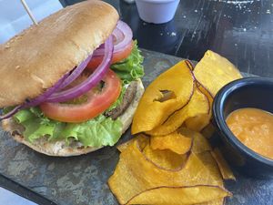 Vegan sandwich (lentil patty with vegan mayonnaise, lettuce, tomato and onions)  at La Casona in San Pedro De Atacama