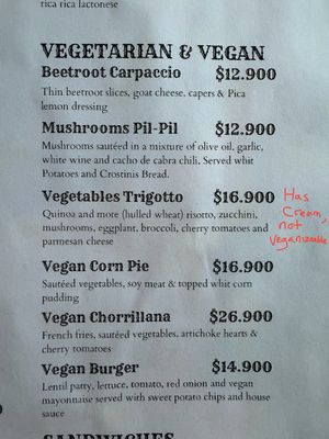 Veg Menu, can’t make Trigotto vegan  at La Casona in San Pedro De Atacama
