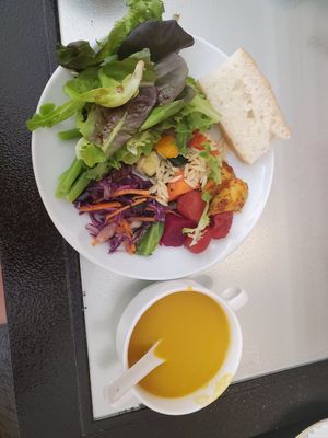 Salad, foccacia bread, pumpkin soup at Cha Lounge in Taipei