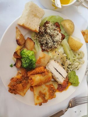 Pasta, san choi bao, tofu Wellington, assorted veggies at Cha Lounge in Taipei