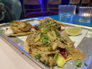 Xmas ‘Turkey’ Tacos
Roast ‘turkey’, crispy shredded sprouts, pickled red cabbage,
sage & onion mayo, chipotle cranberry sauce & a sprinkle of stuffing  at Club Mexicana - Spitalfields in East London