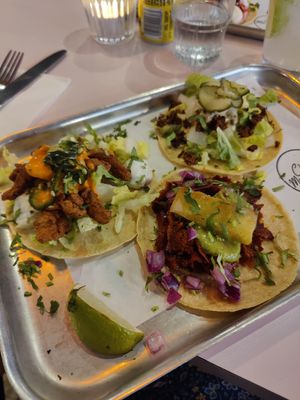 Buffalo mushroom, cheeseburger & Al Pastor tacos at Club Mexicana - Spitalfields in East London