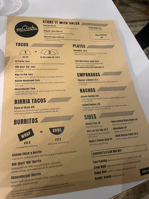 The evening menu  at Club Mexicana - Spitalfields in East London