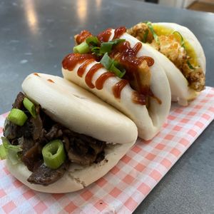 Vegan Trio Bao (from left to right x1 Mushroom & Garlic, x1 BBQ Tofu, x1 Katsu Cauliflower Bao Buns)  at The Streat in Guernsey