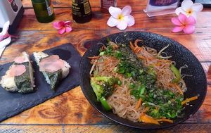 Yaki soba and Onigiri at TepozRamen in Tepoztlan