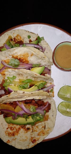 Vegan tacos al pastor, made with oyster mushrooms. SO good. Ask for side of spicy, nutty hot sauce. at La Verduzca Vegetropical in Oaxaca