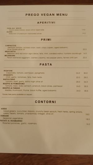 Vegan Menu March 2024 pg1 at Prego Restaurant in Auckland