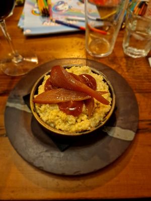 Rice pudding & pears at Iris in Wakefield