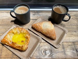 Apple turn over, custurd tart and coffee at Backstube Tromsoe in Tromsoe