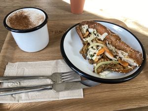 Chai latte (tasty) and Banh mi (tasty, but bread was a bit soft and firm).  at Wild & The Moon - Arnold Schönberglaan in Amsterdam