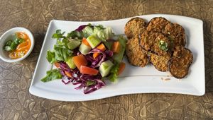 Crispy eggplant “vish & chips (salad)" #Veganuary at The White Lotus Cafe - Gairidhara in Kathmandu