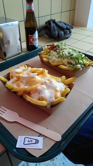 Cheese loaded fries (without onions) and Basil loaded fries at Tastebuds in Antwerpen
