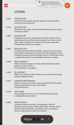 Carta comida  at Casa Nueza in Buenos Aires