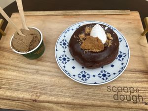 Chocolate cake and coffee gelato (with crushed pieces of coffee beans - intense coffee flavor)  at Scoop 'n Dough in Cascais