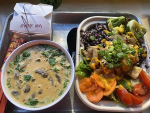 Tom Kha Soup with crispy fried wonton skin in the box & Tokyo Roboto with signature rice n salads.  at Pow Pow - I St NW  in Washington