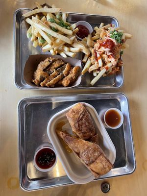 Fries, side of pork protein, and the giant egg roll   at Pow Pow - I St NW  in Washington