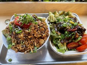 Angry noodles (L) and general’s chicken (R)  at Pow Pow - I St NW  in Washington