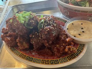 The chicken wings for $12. I liked that you could pick the sauce. I ate these as I’m a junk food vegan but rest of my group HATED them    at Pow Pow - I St NW  in Washington