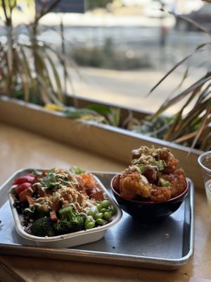 Cauliflower appetizer and Trinity bowl with half salad half rice  at Pow Pow - I St NW  in Washington