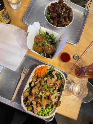 Buddha Bowl with grilled Chicken, Fried Mozzarella Balls and noodles with Beef at Pow Pow - I St NW  in Washington