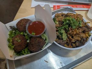 Cashew cheese balls and hoisin steak noodles   at Pow Pow - I St NW  in Washington