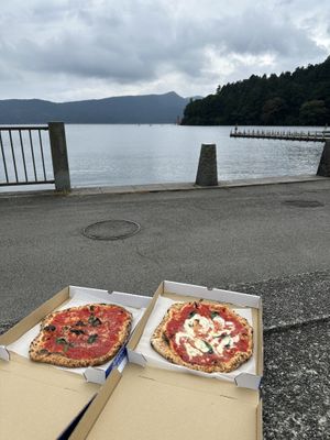 Pizzas at the lakefront, steps from the restaurant   at La Terrazza in Hakone