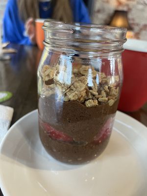 Chocolate chia seed pudding with strawberry, vegan granola, sweetened with maple syrup   at Chaikhana Chai in Kennett Square