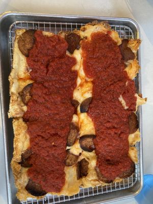 PB Detroit pizza with veg pepperoni   at Archetype Pizza in York