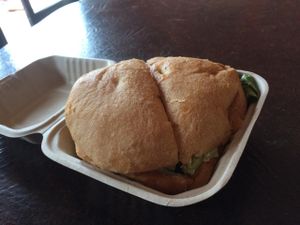 Unassuming taro burger but pretty good. at Veg Out in Haiku