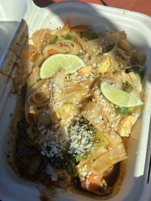 Pad Thai- make sure you stir it because that sawce underneath is the GOODS. The thick noodles were cool too.  #Veganuary at Veg Out in Haiku