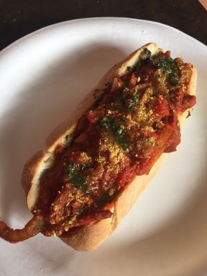 Italian sub with seitan, peppers, and onion in marinara. Ordered vegan (no cheese).  at Veg Out in Haiku