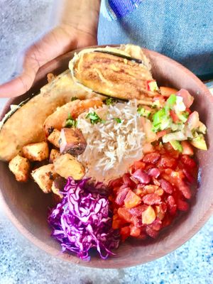 Buddha bowl with crispy tofu and pico de gallo  at CasaTeranga PlantBaseDakar in Dakar