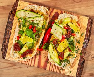 Bruschetta with dried tomatoes& avocado  at CasaTeranga PlantBaseDakar in Dakar