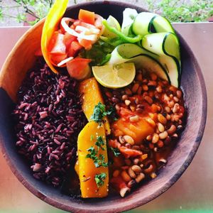 Teranga bowl with black rice and niebe coconut stew at CasaTeranga PlantBaseDakar in Dakar