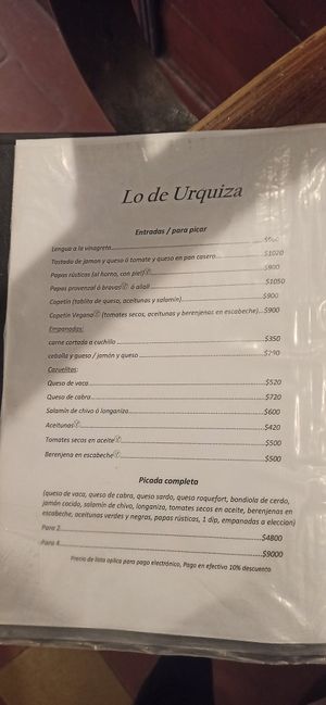 Menu at Lo De Urquiza in Villa De Merlo