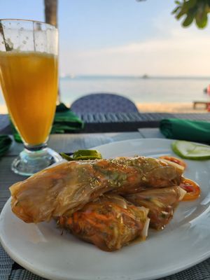 Rice paper rolls and fresh mango juice at Villa Potenciana Restaurant in Malapascua Island