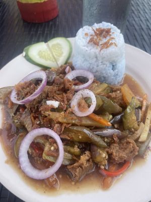 Aubergine and Veggie meat adobo  at Villa Potenciana Restaurant in Malapascua Island