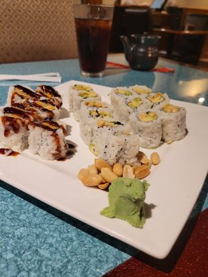 Cute Wasabi frog,  fresh, delicious sushi, and steamed string beans! at Ho Ping Garden in Niles