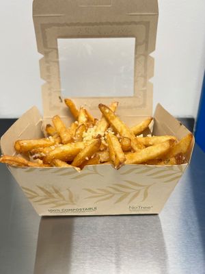 Garlic- Parmesan Fries, Oh and I forgot to mention 100% plant-based and Vegan from our Menu to our Packaging!! at Plantastic Indy in Indianapolis