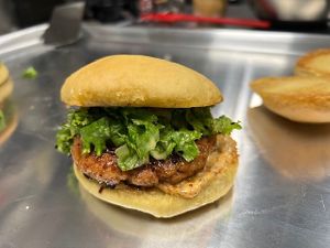 Our Awesome Tokyo Salmon Burger, You can't believe is made from Plants!!! at Plantastic Indy in Indianapolis