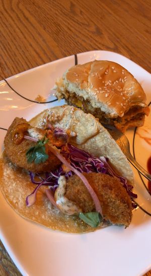 Krab tacos and plantastic berger   at Plantastic Indy in Indianapolis