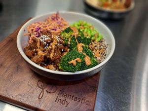 Supper Bold Favor Asian Bowl featuring our Ginger Mongolian "Beef" (Soy Beans) at Plantastic Indy in Indianapolis