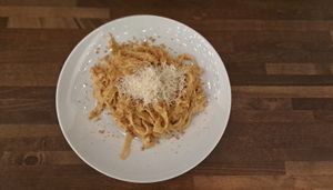 Fresh made-from-scratch Fettuccine Cacio e Pepe with Vegan Parmesan. $24 at Plantastic Indy in Indianapolis
