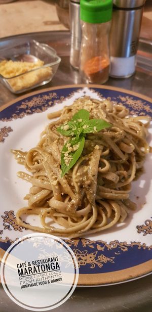 Fettuccine with Basil Pesto at Café & Restaurant Maratonga in Luxor