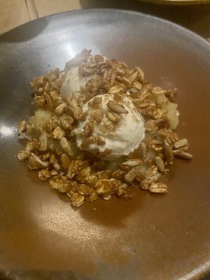 Apple compote with vegan ice cream and sunflower granola  at Vert Restaurant in Middelburg